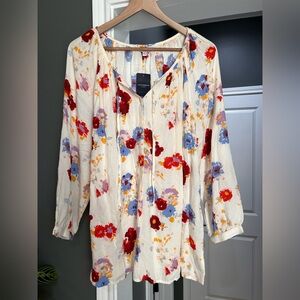 Lucky Brand Floral Blouse with Red and Blue Accents